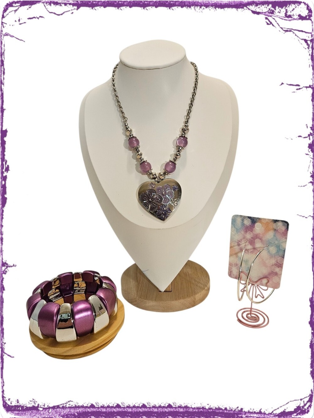 CJ Banks Purple & Silver Tone Heart Pendant Necklace With Bracelet & Earrings